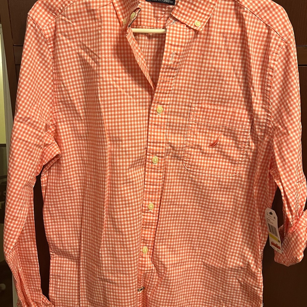 Nautica Orange Gingham Casual Button Down Shirt